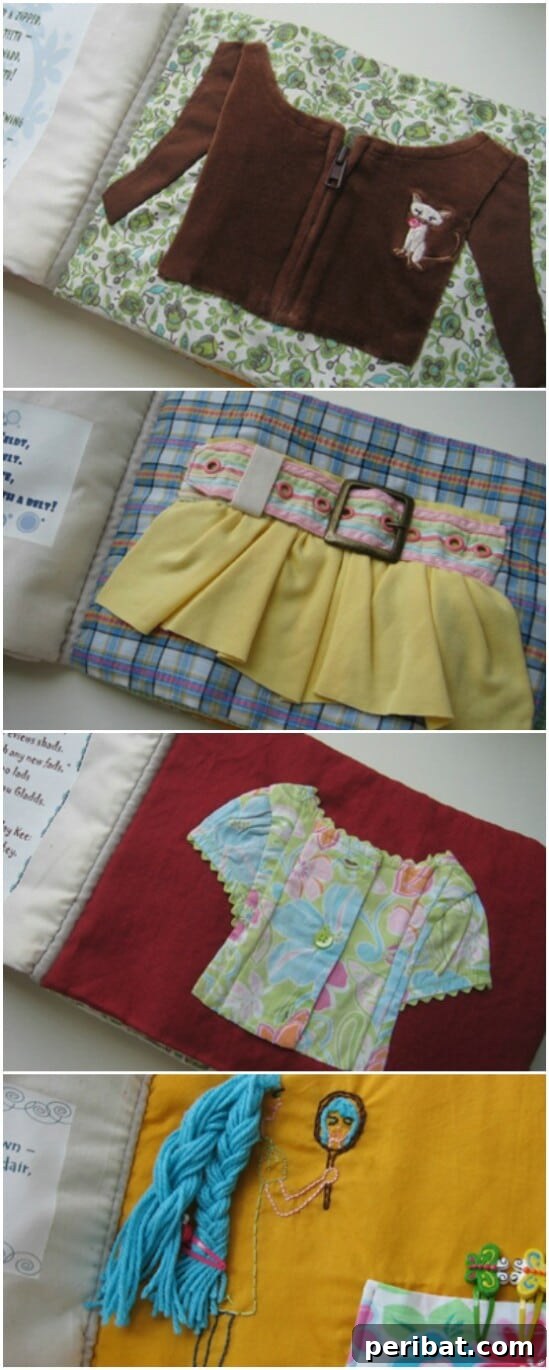 Soft fabric learning activity book made from various baby clothing pieces