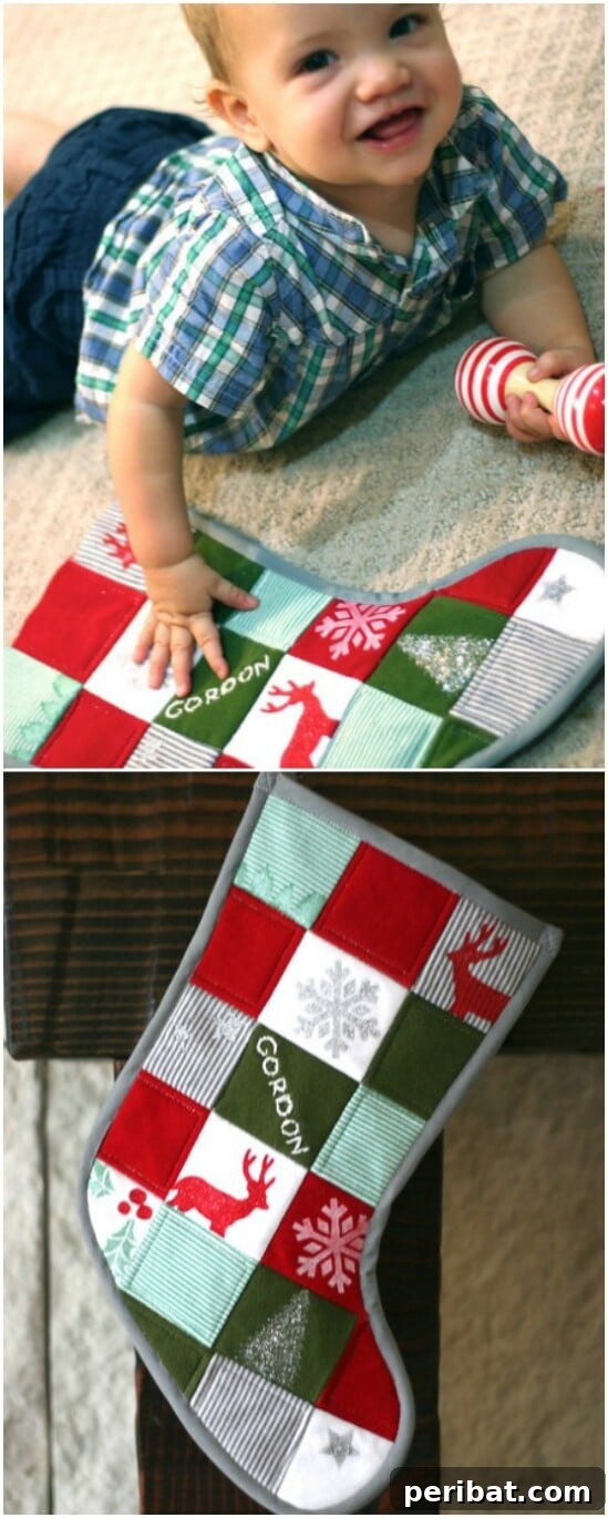 Christmas stocking created from patchwork pieces of baby onesies