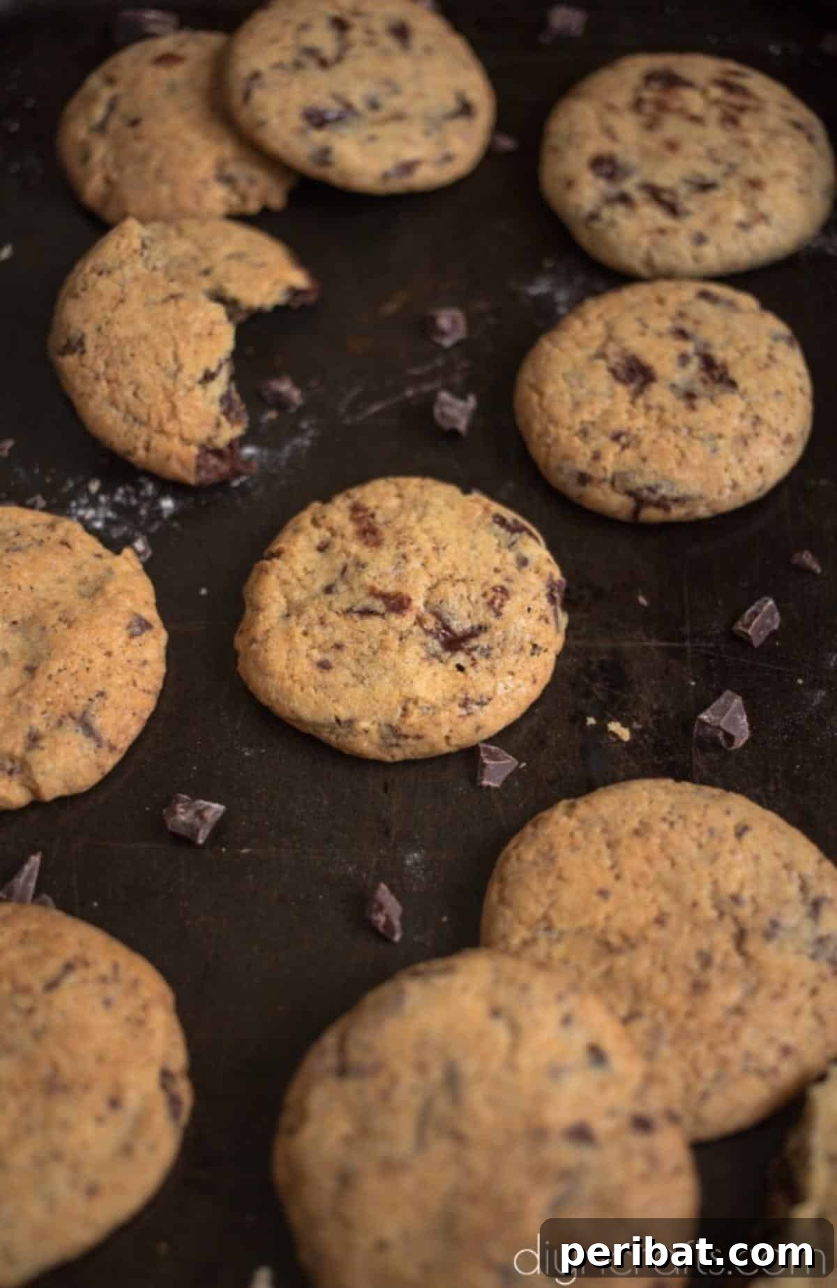 Timeless Delight: Effortless Chocolate Chip Cookies 7 Finished Dark Chocolate Chip Cookies with crispy edges.