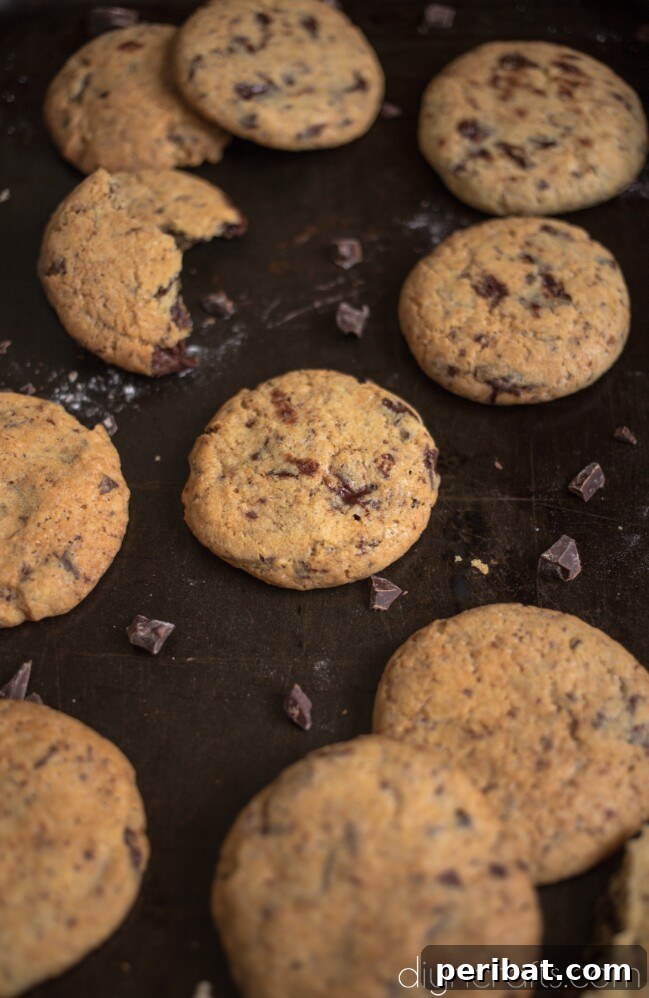 Timeless Delight: Effortless Chocolate Chip Cookies 8 A warm batch of freshly baked dark chocolate chip cookies.