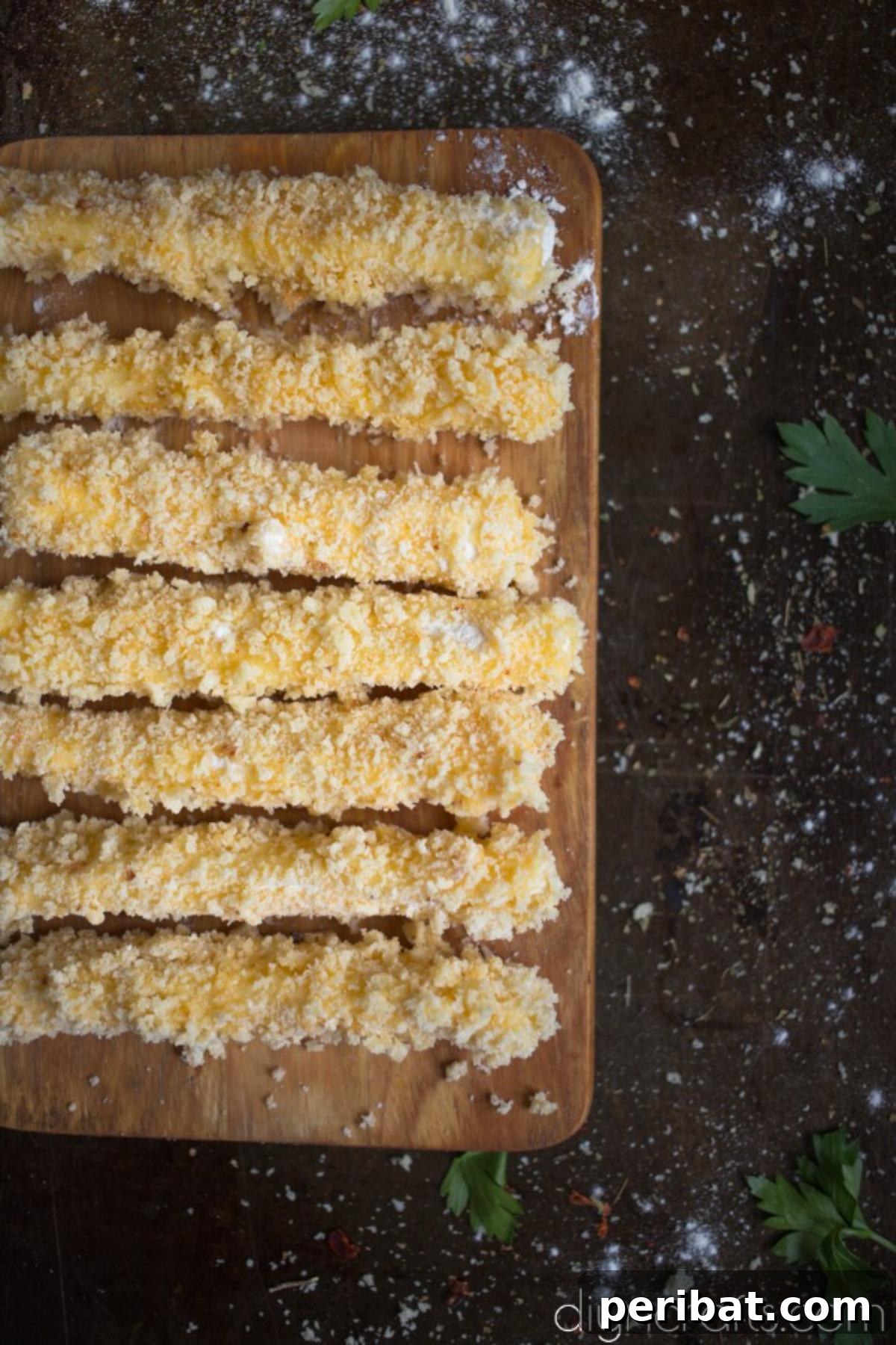 Crispy Gooey Cheese Sticks with Cool Buttermilk Sauce 4 Breaded cheese.