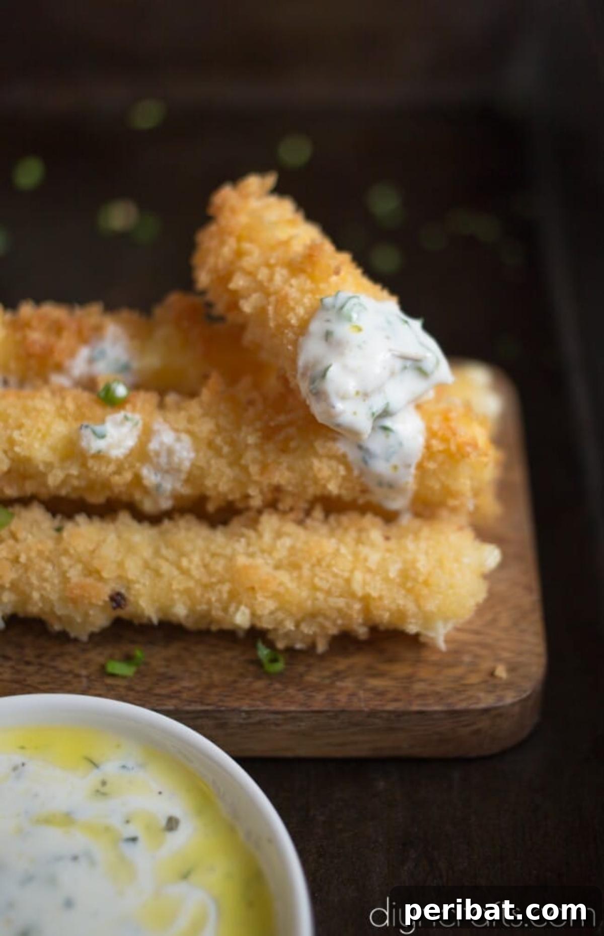 Crispy Gooey Cheese Sticks with Cool Buttermilk Sauce 7 Fried cheese finished ready to be served.