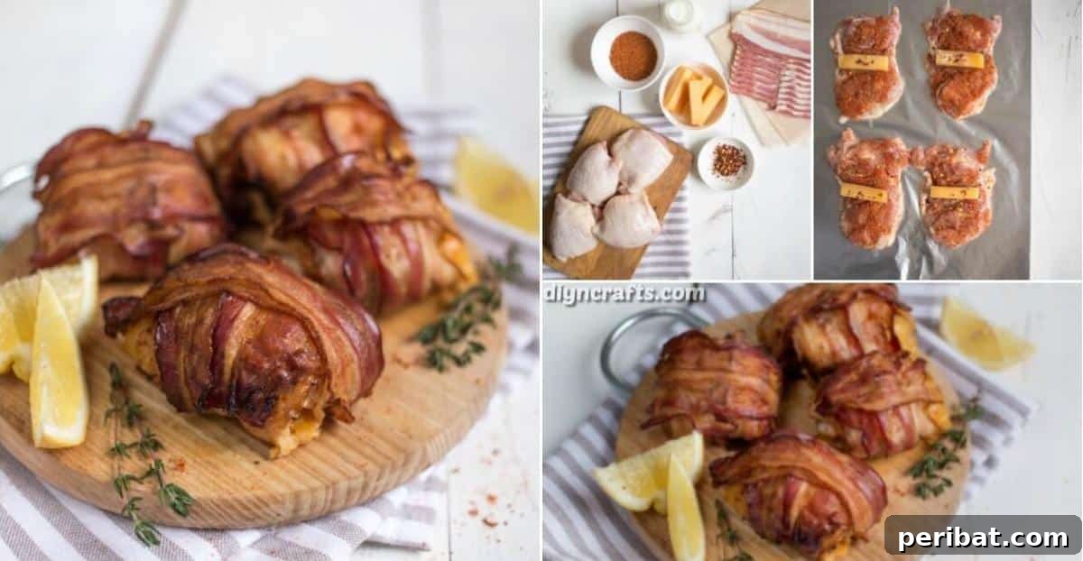 Decadent Bacon Wrapped Cheese Stuffed Chicken Thighs 2 Cheese Stuffed and Bacon Wrapped Chicken Thigh Rolls Recipe collage showcasing the dish.