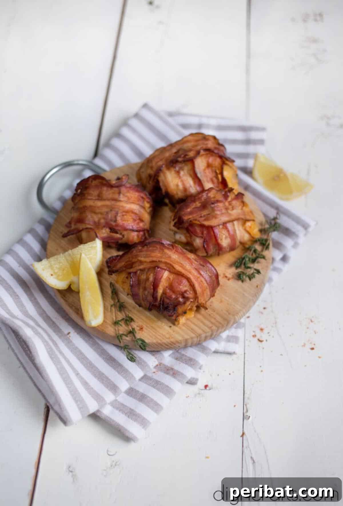 Decadent Bacon Wrapped Cheese Stuffed Chicken Thighs 9 Plated, finished chicken rolls, golden and crispy.