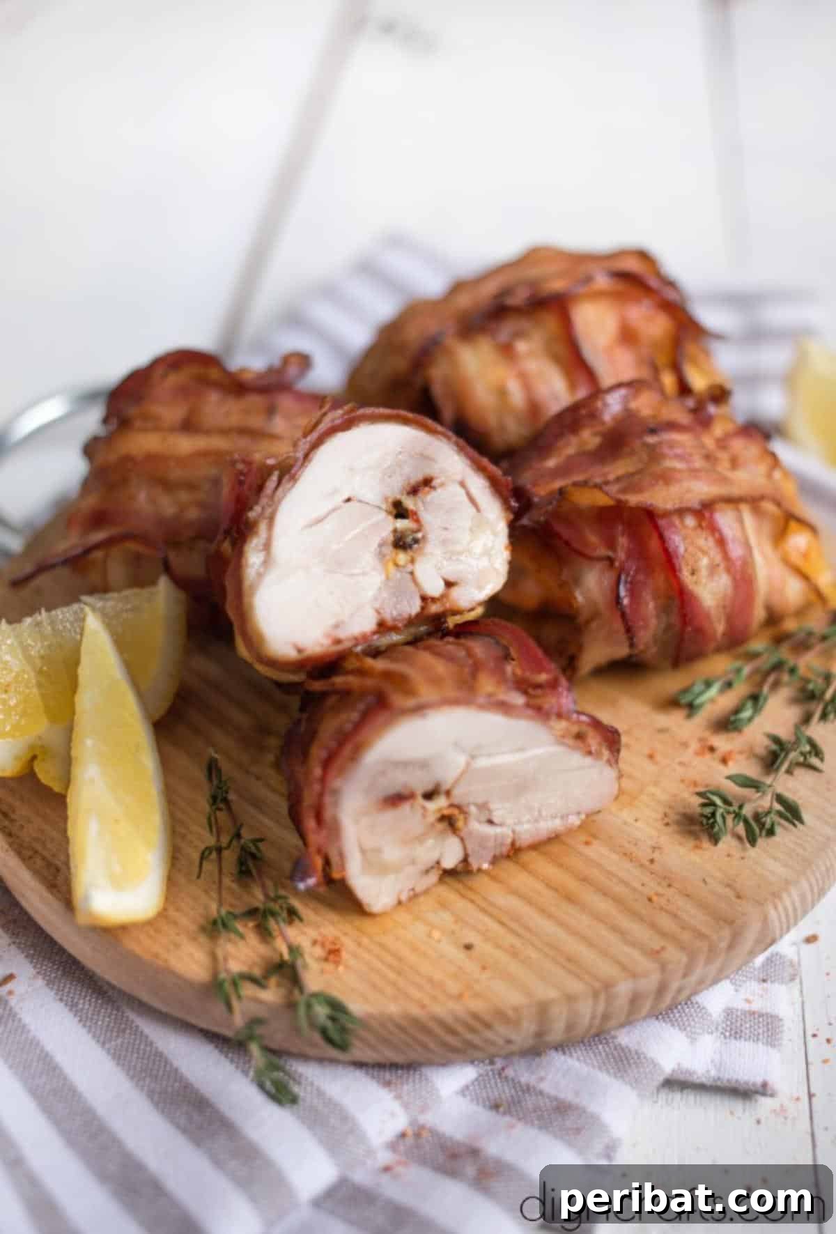 Decadent Bacon Wrapped Cheese Stuffed Chicken Thighs 10 Cross-section of a finished chicken roll, showing the cheese and chili filling.