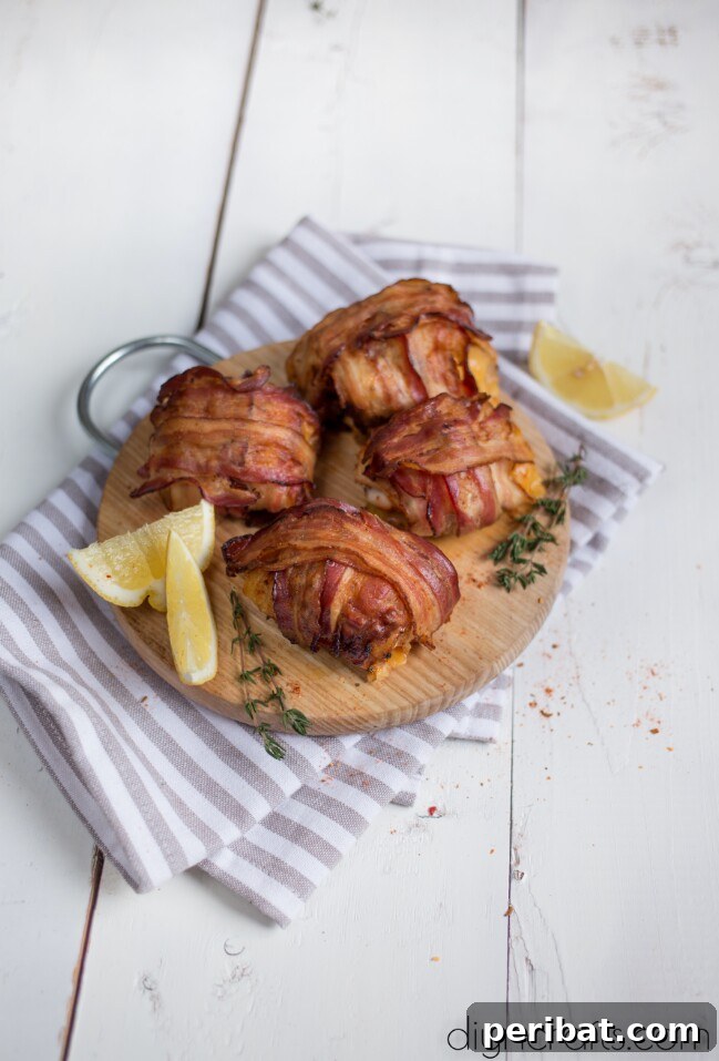Cheese Filled and Bacon Wrapped Chicken Thigh Rolls, ready to serve.