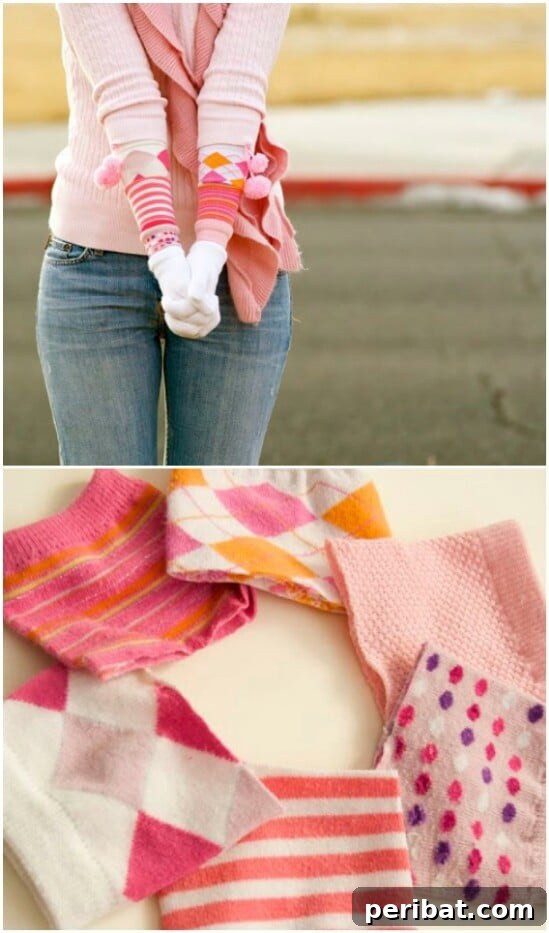 Stylish long winter gloves created from the upper sections of single socks, ideal for cold weather.