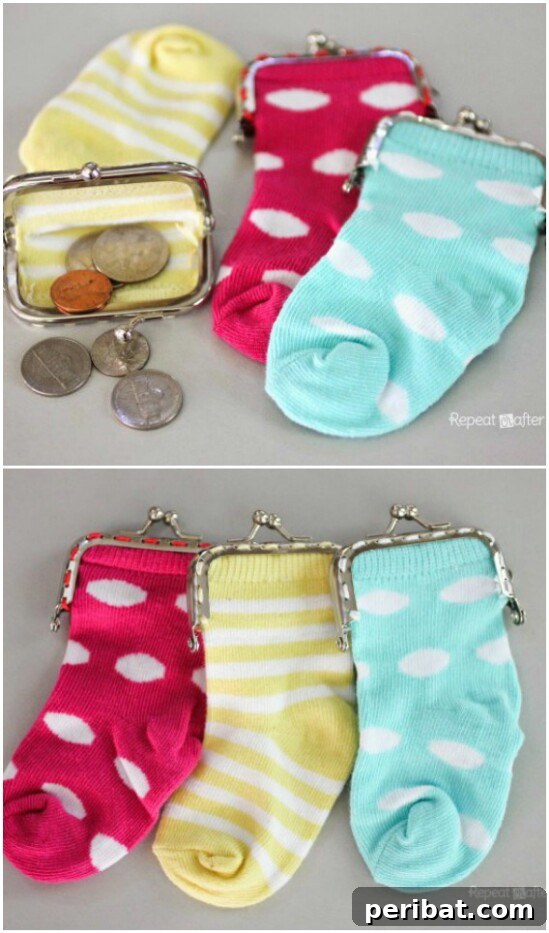 Charming DIY coin purse made from a baby sock, featuring a metallic clasp.