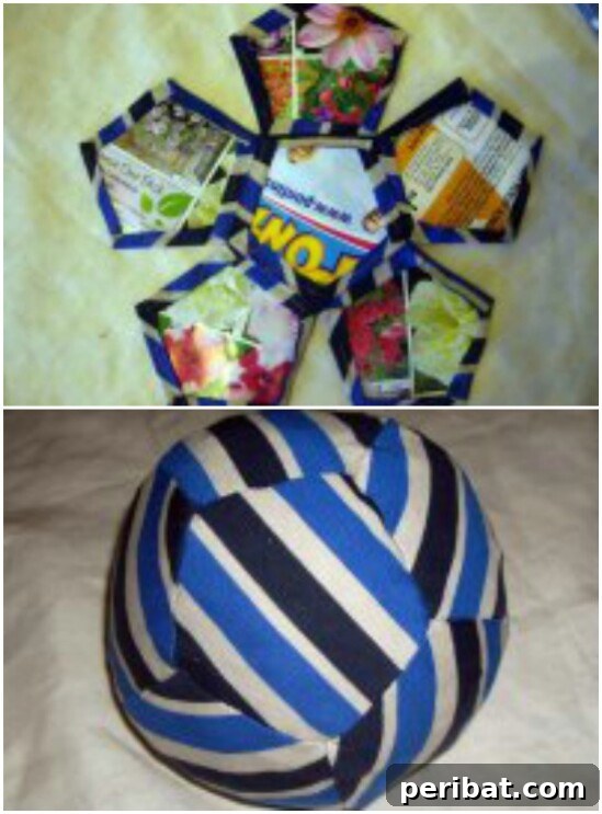 Colorful geometric sock ball toy, crafted by weaving together strips of various socks.