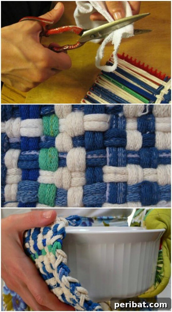 Durable DIY pot holders woven from strips of old socks, perfect for kitchen use.