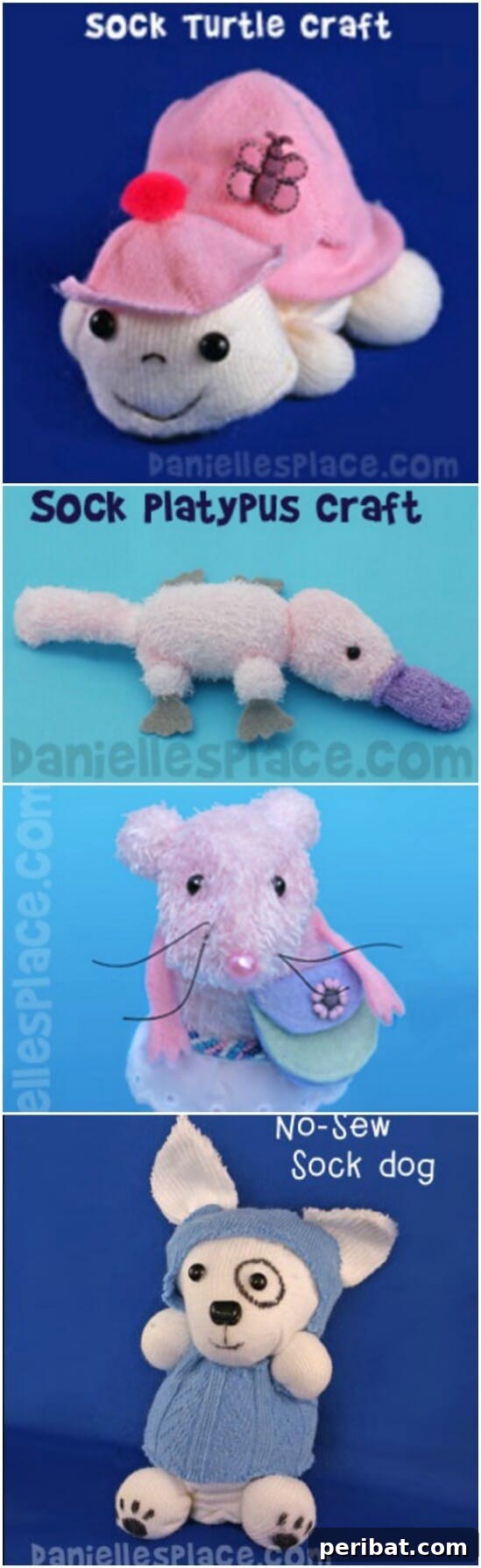 Collection of cute DIY sock animals, including a caterpillar and octopus, made from repurposed socks.