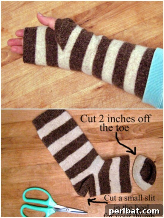 DIY arm warmers made from a pair of cozy socks, perfect for cold weather.