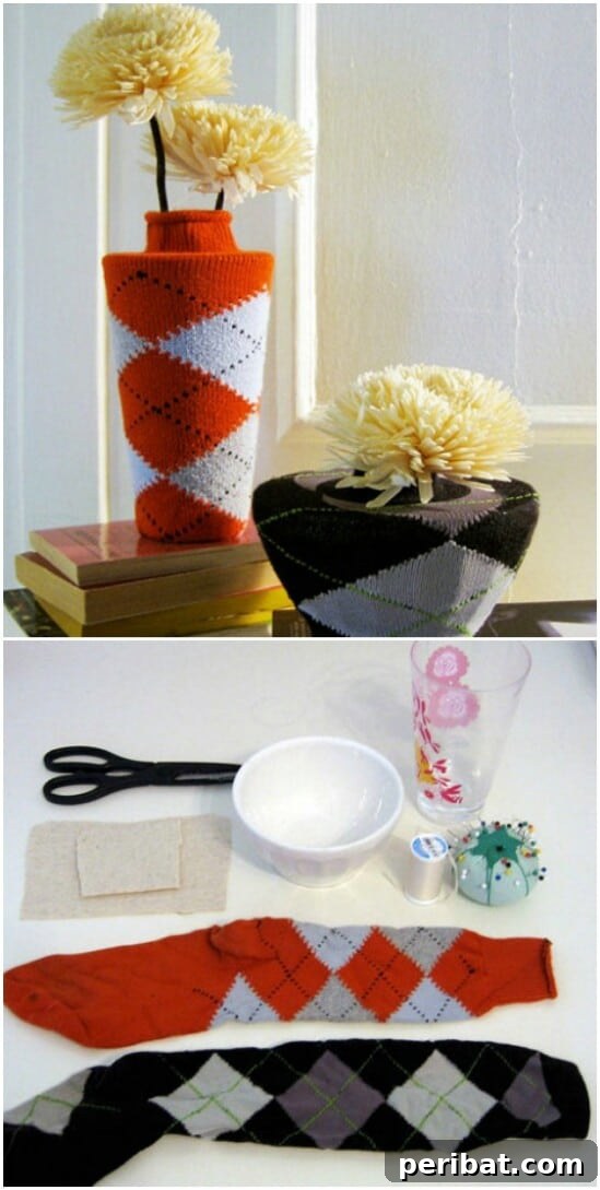 Elegant DIY vase remake using an argyle sock as a decorative cozy for a plain vase.