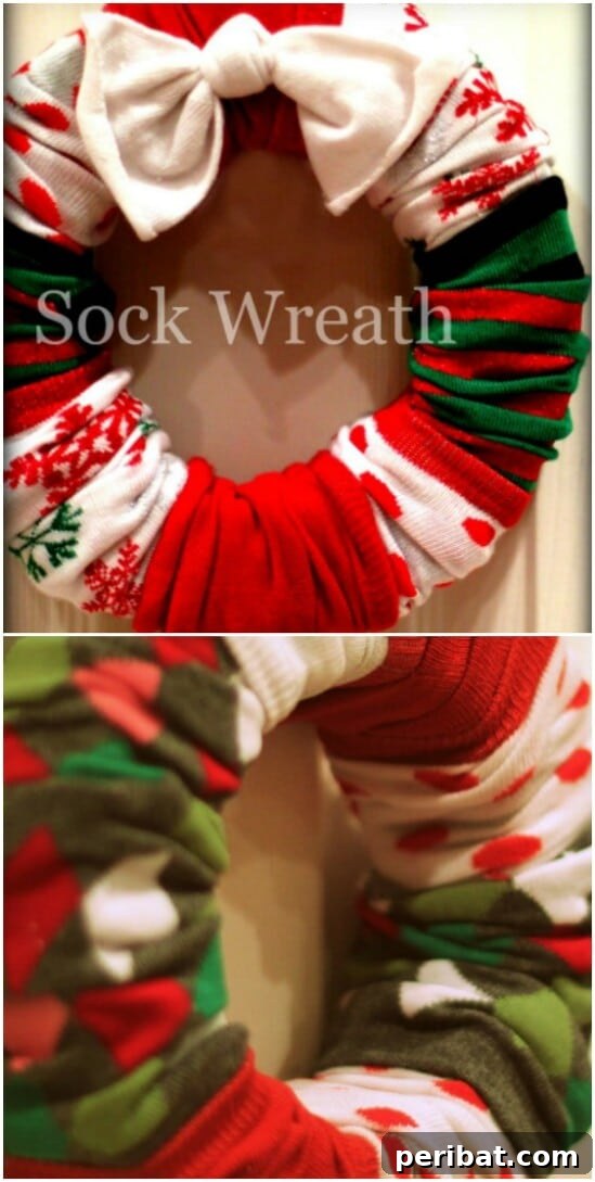 Colorful and festive DIY wreath made from rolled and tied old socks on a wreath form.