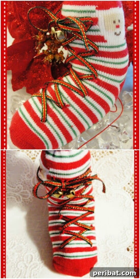 Miniature stocking ornaments crafted from small socks, ideal for a rustic Christmas tree.