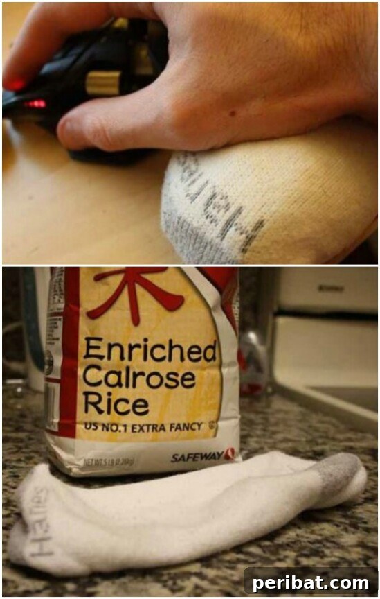 Ergonomic DIY wrist rest made from a sock filled with rice, ideal for computer users.