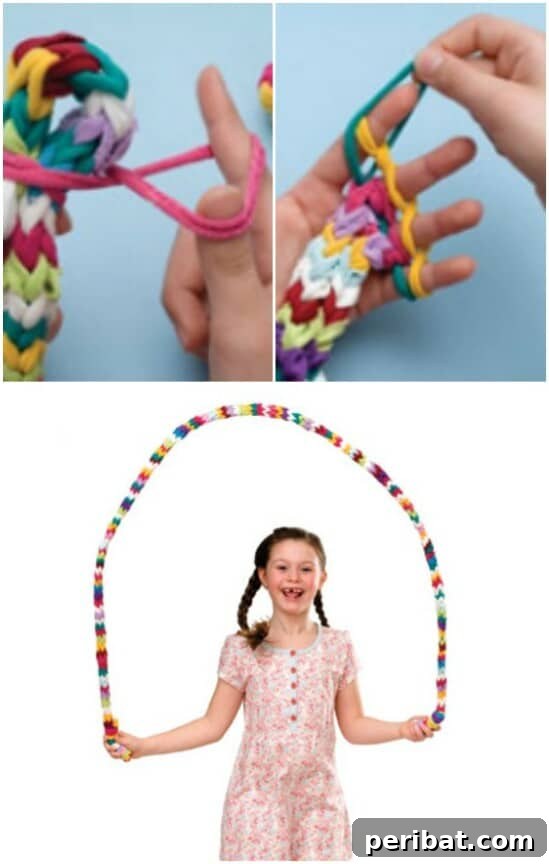 Handmade jump rope created by weaving together colorful old socks, soft and safe for play.