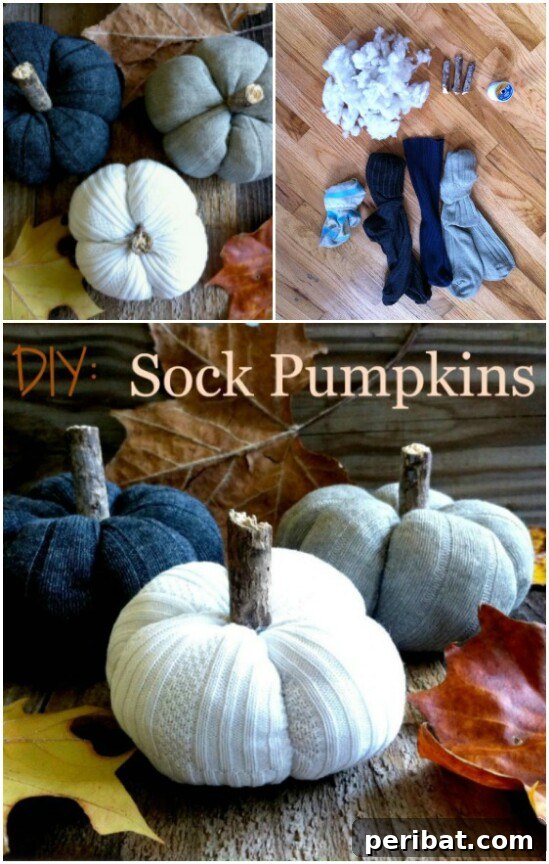 Cute DIY sock pumpkins, stuffed with pillow filling, perfect for fall and winter decor.