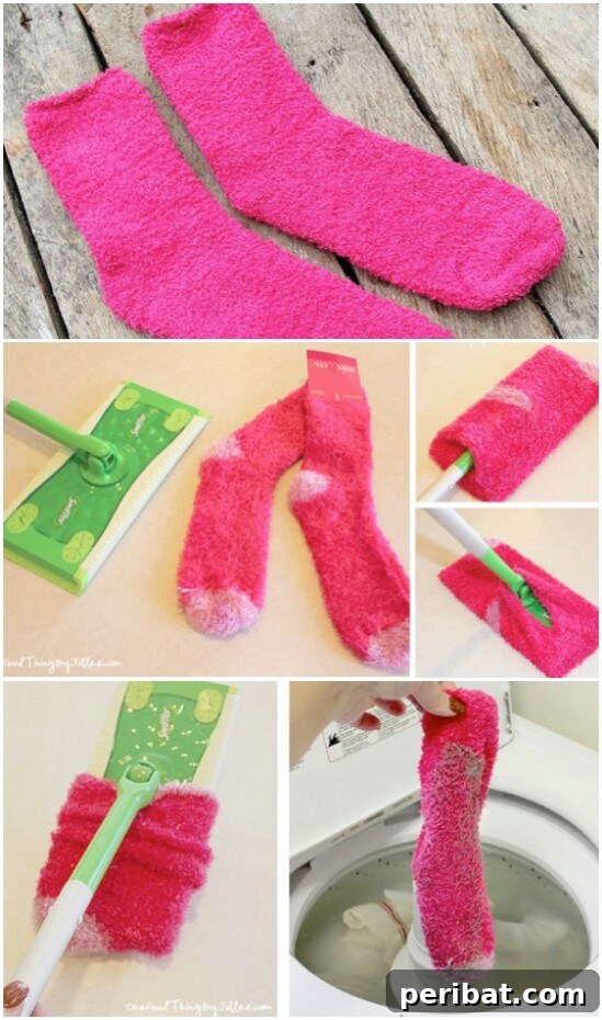 Reusable DIY Swiffer pads made from fluffy old socks, an eco-friendly cleaning solution.