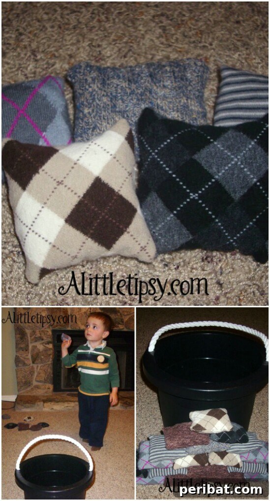 Handmade bean bags crafted from mismatched socks, filled with pinto beans for play.