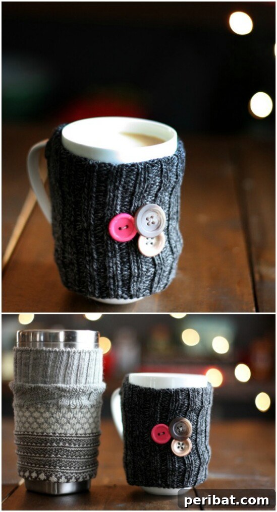 DIY coffee mug cozy made from an old sock, keeping drinks warm and hands protected.