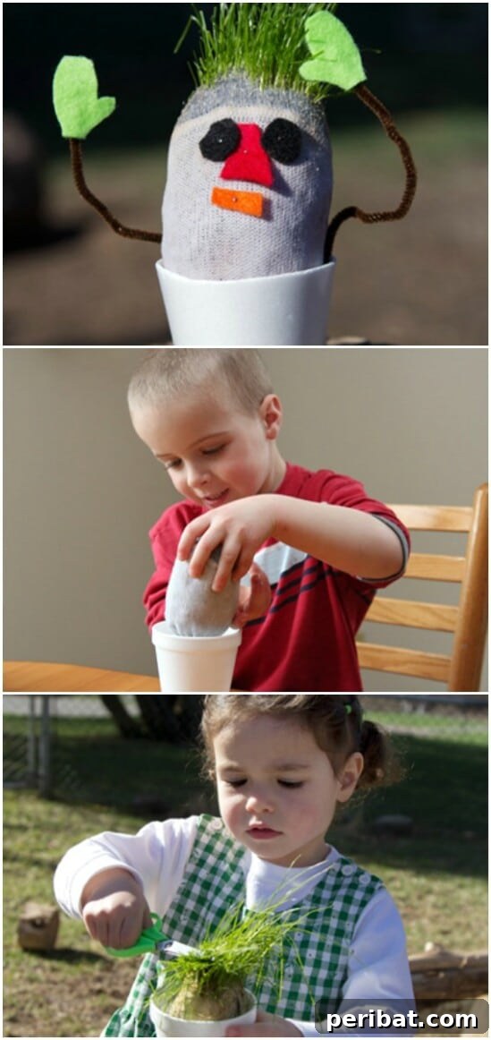 Adorable DIY Chia Pet made from an old sock, growing grass 'hair' with button eyes.