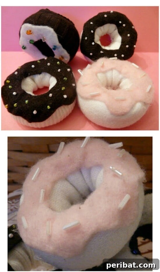 Soft DIY doughnut play food for children, made from repurposed socks and fabric scraps.