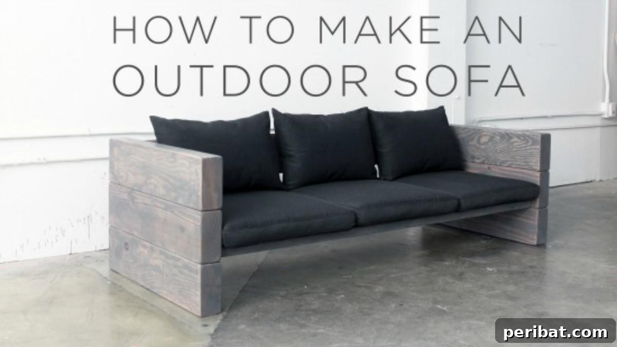 An inviting, custom-built DIY outdoor sofa with comfortable cushions, perfect for any patio or deck.