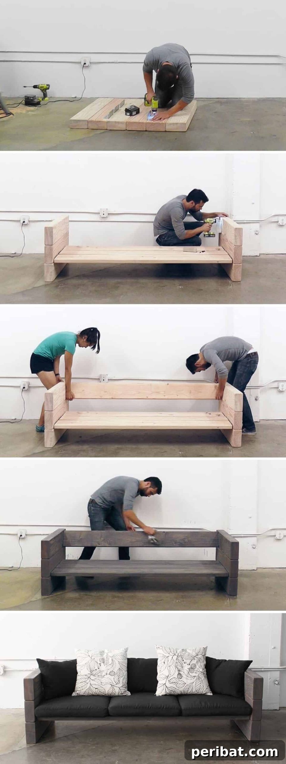 A visual guide showing steps for how to build a rustic outdoor sofa the easy way, highlighting materials and simple construction.