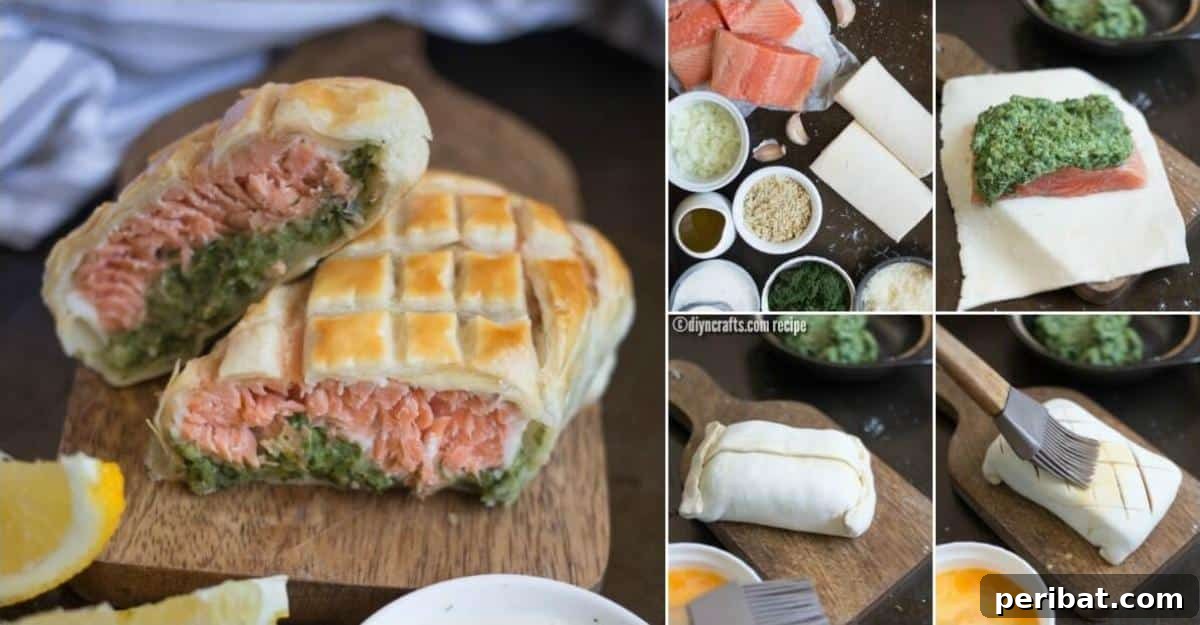Elevate Your Brunch: Light Salmon Wellington Perfection 2 Elegant Salmon Wellington baked to golden perfection, served as a main dish for brunch or dinner.