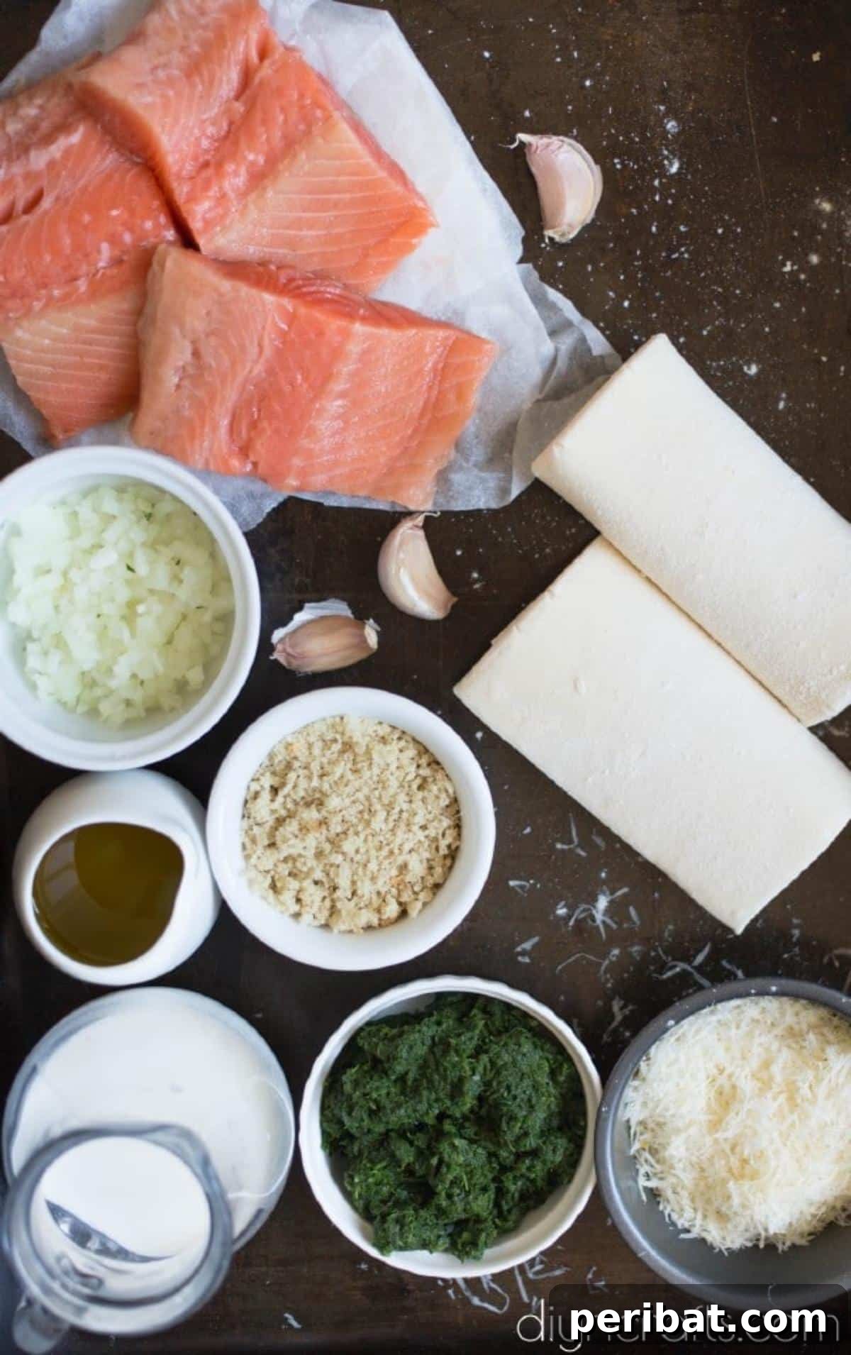 Elevate Your Brunch: Light Salmon Wellington Perfection 3 Fresh salmon fillets laid out for cooking, highlighting their vibrant color and texture.