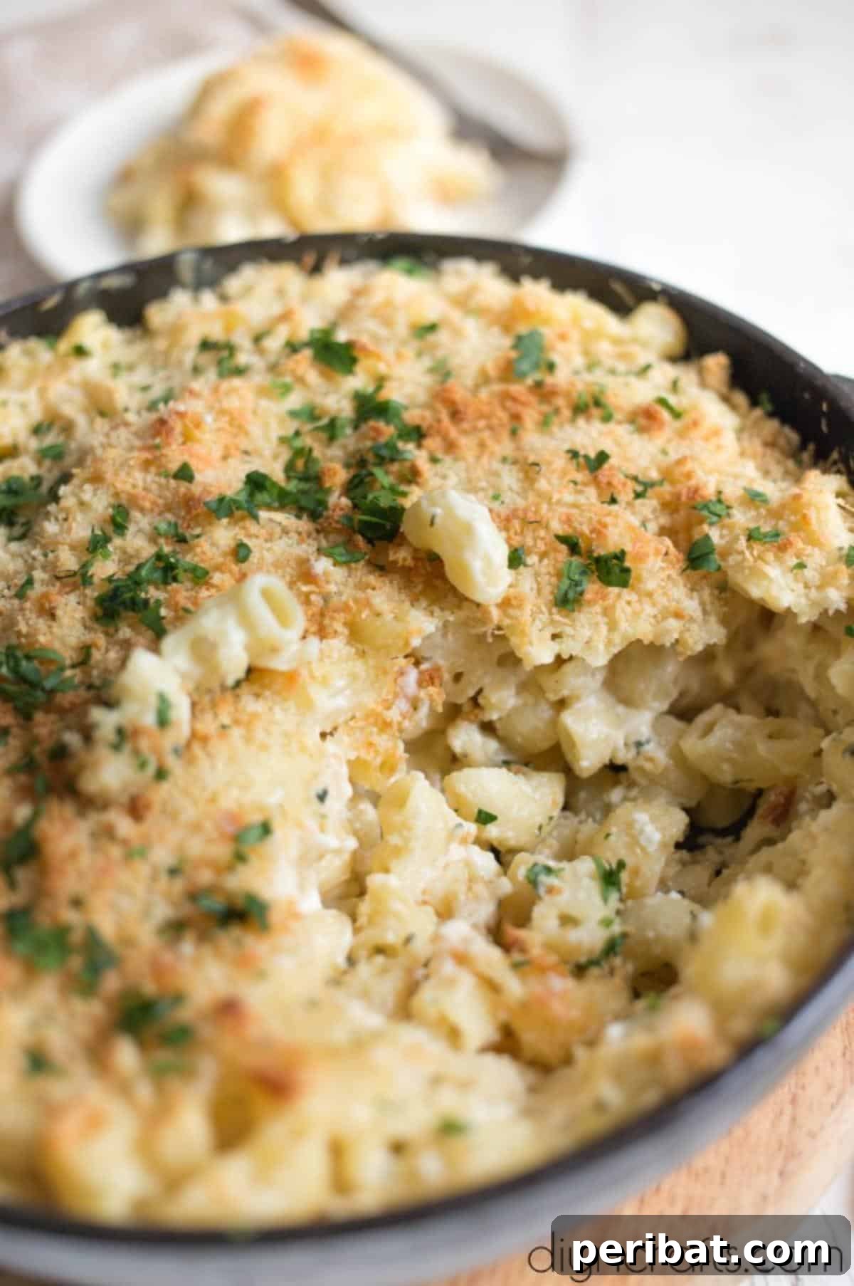 The Ultimate Decadent Mac and Cheese 8 A close-up shot of a serving of Million Dollar Macaroni and Cheese, showcasing its creamy interior and crispy topping.