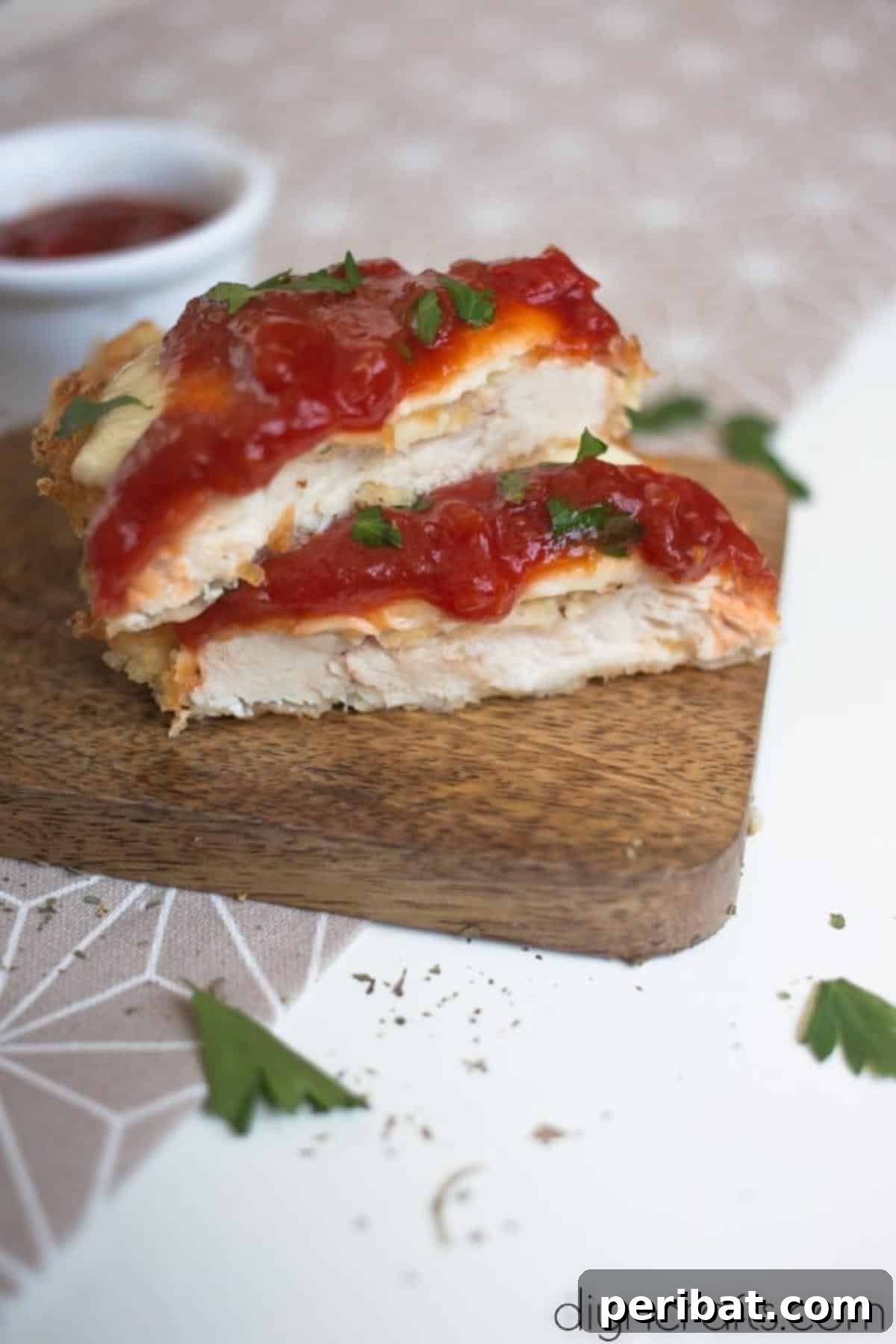 Finished baked chicken parmesan ready to eat.