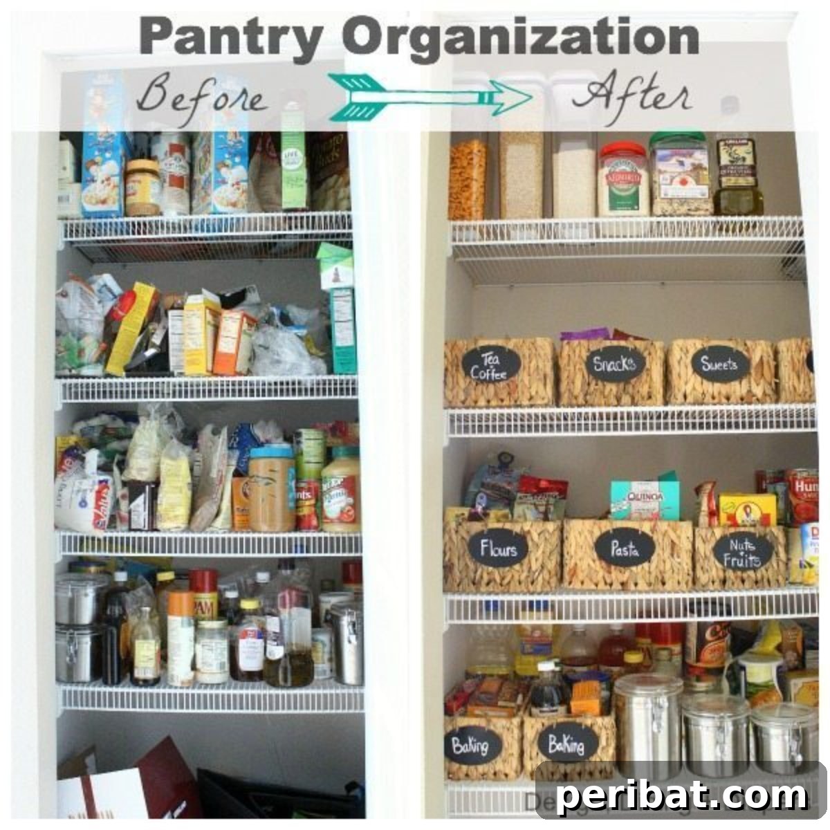 Easy DIY Pantry Transformation with labeled baskets