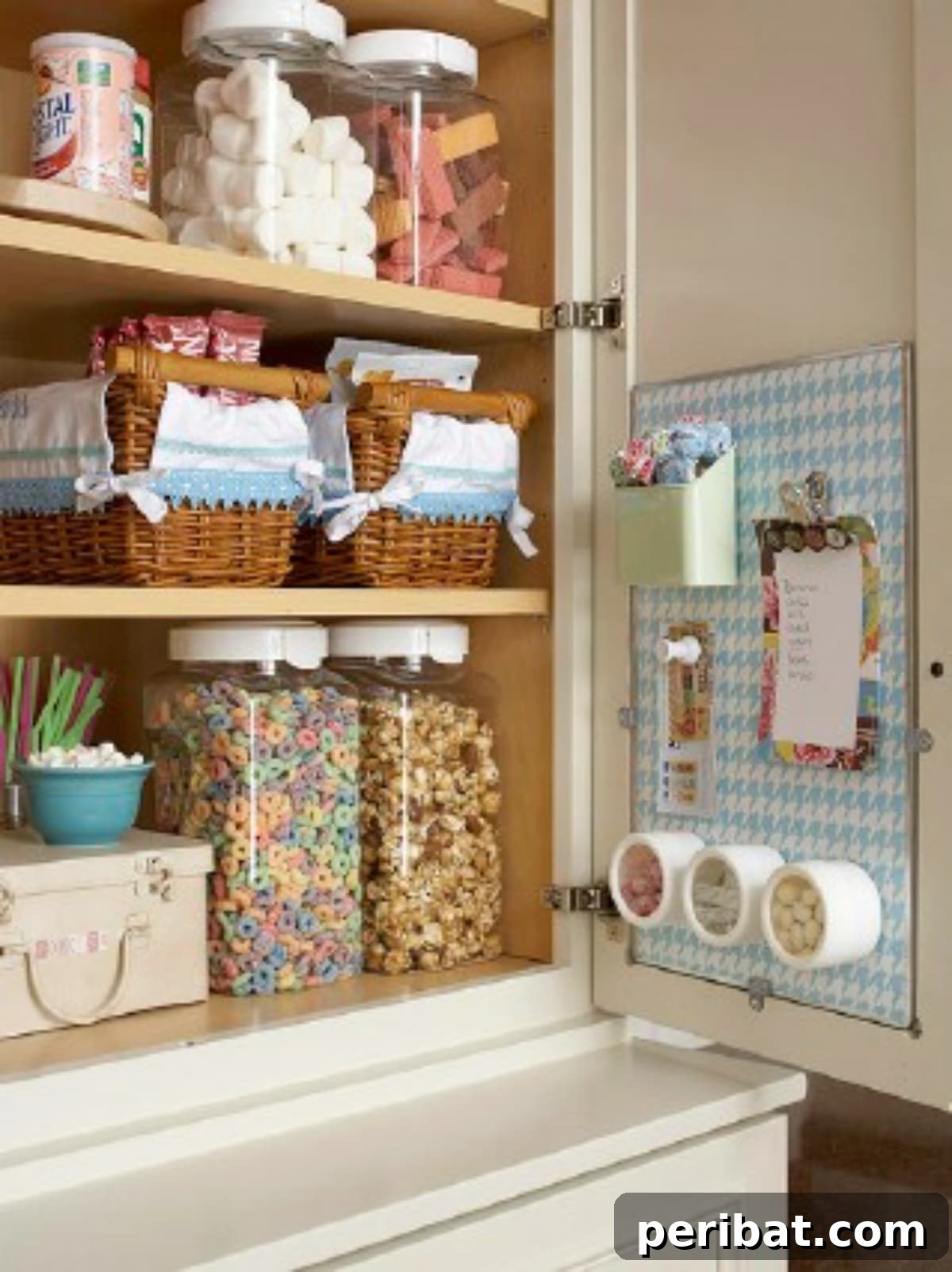 DIY kitchen cabinet door organization with baskets