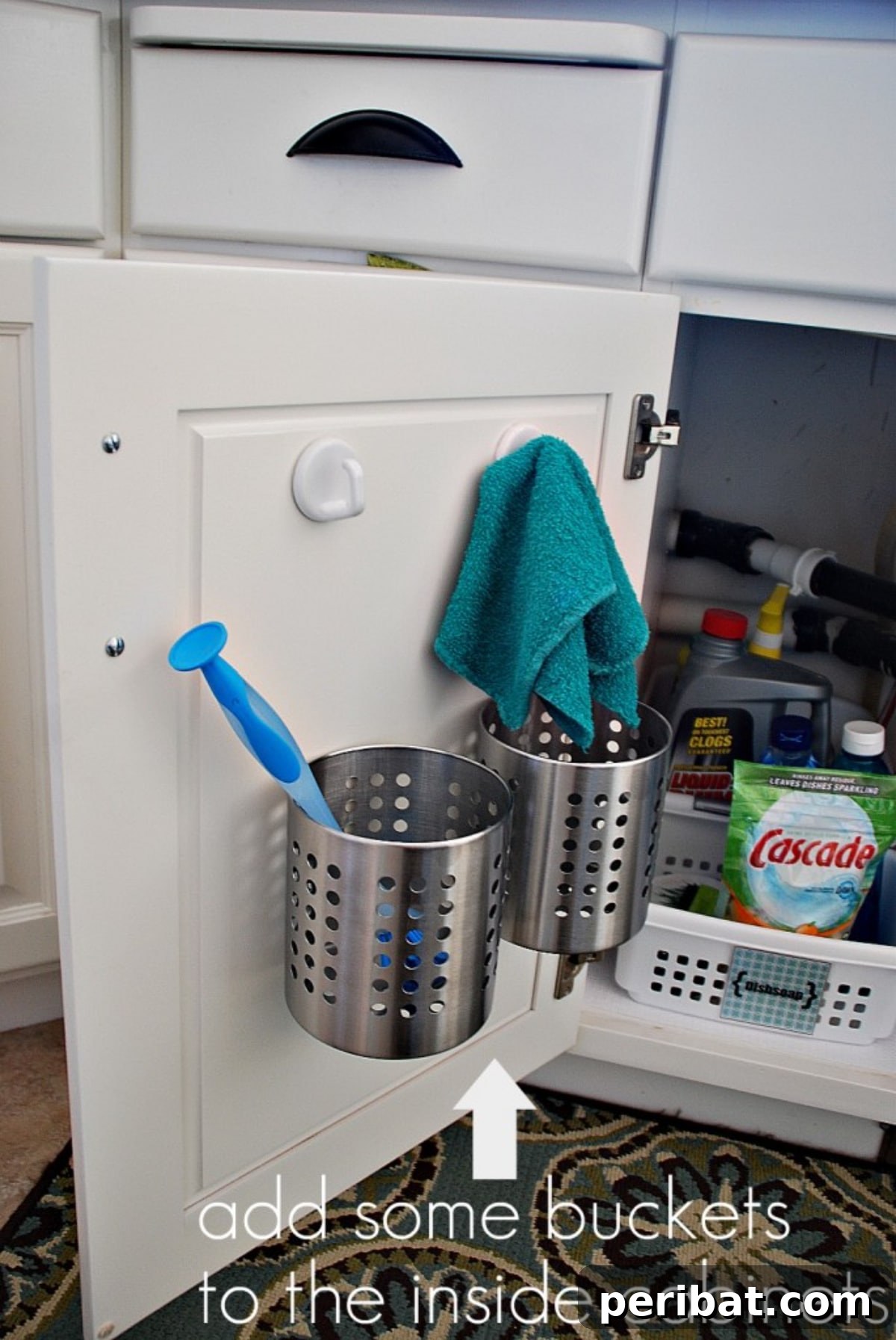 Metal buckets Organizing Cleaning Supplies with labels