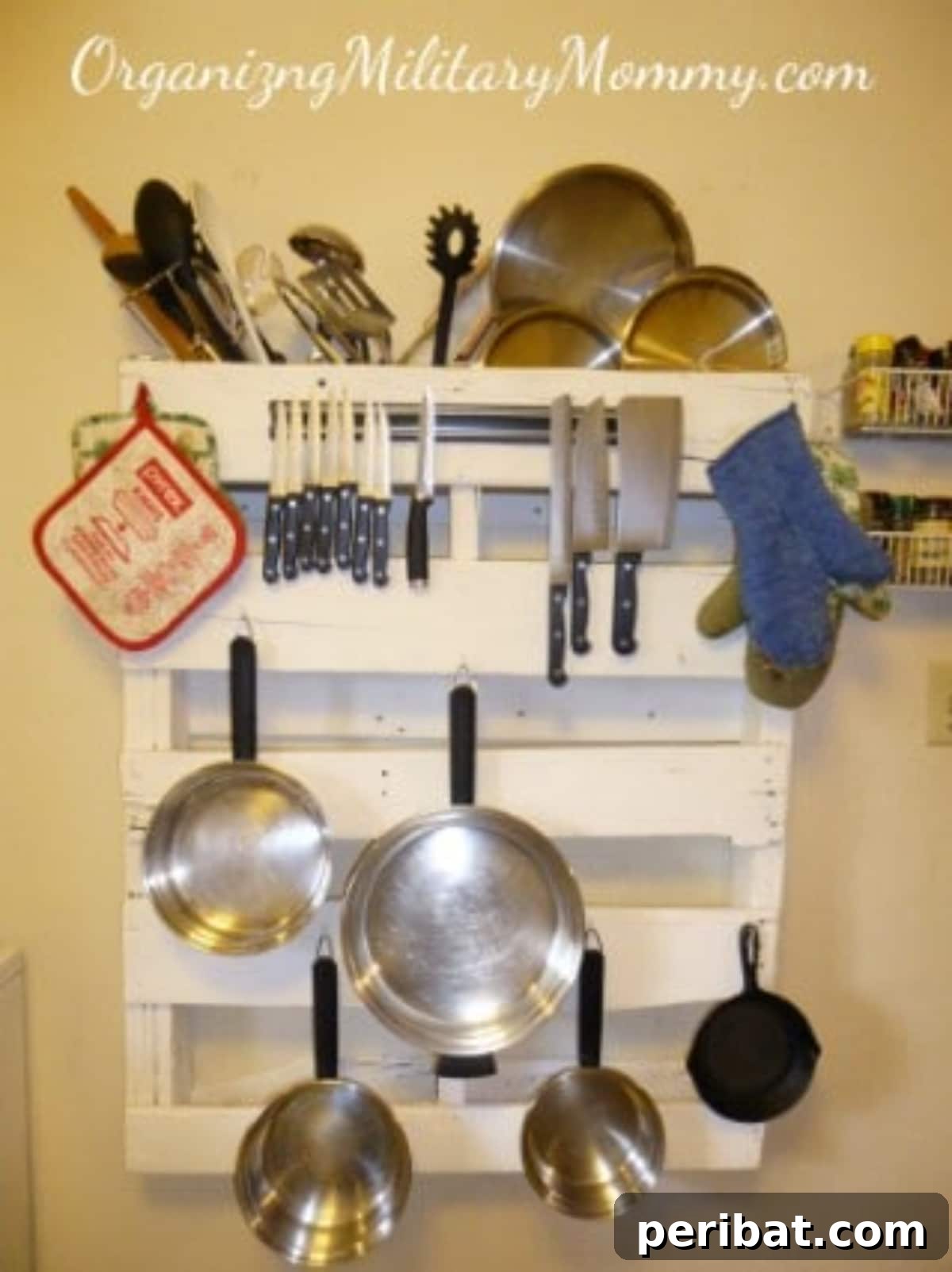 DIY Pallet Pot and Pan Holder with magnetic knife strip