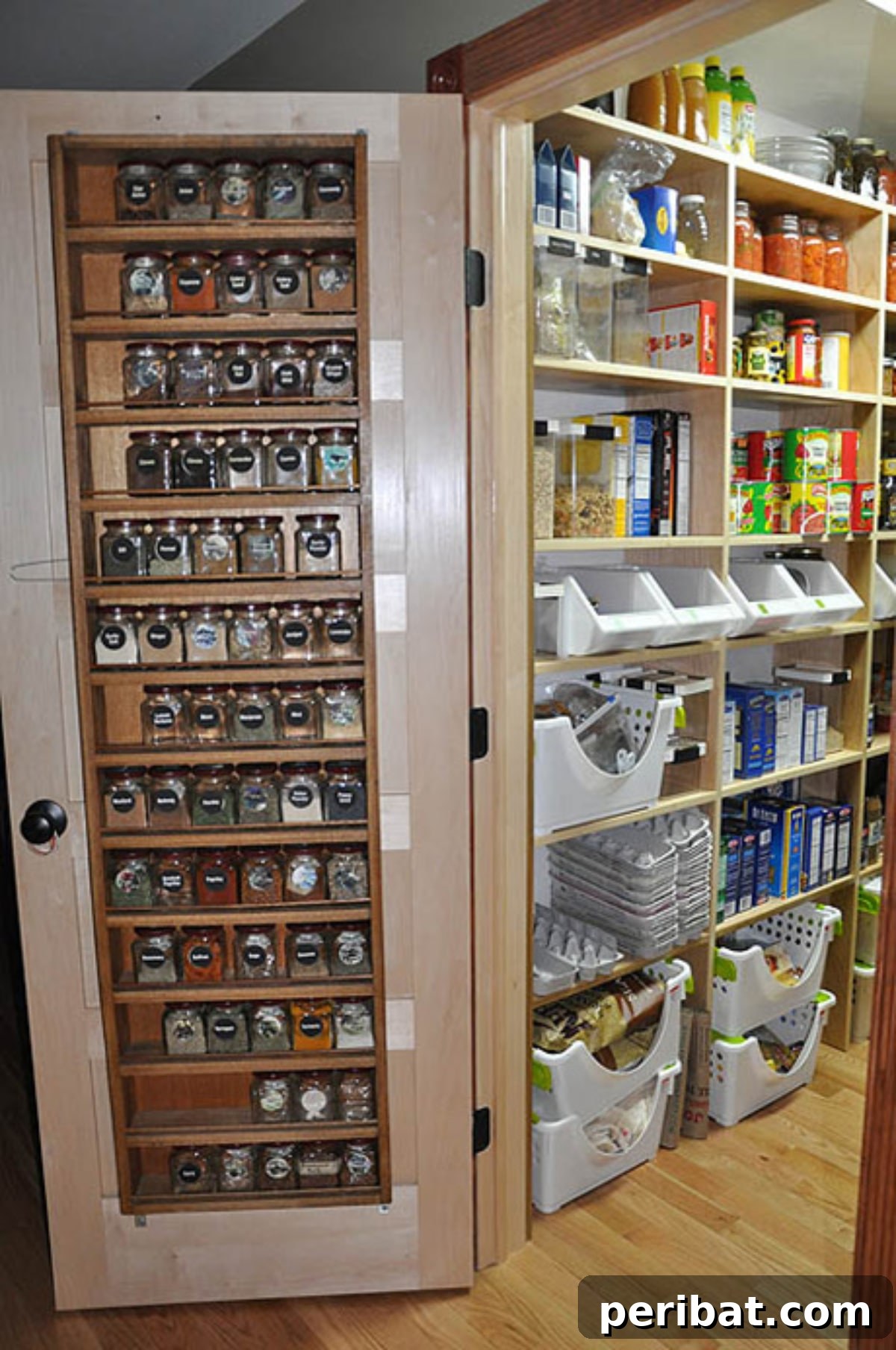 DIY pantry door storage with shelves and hooks