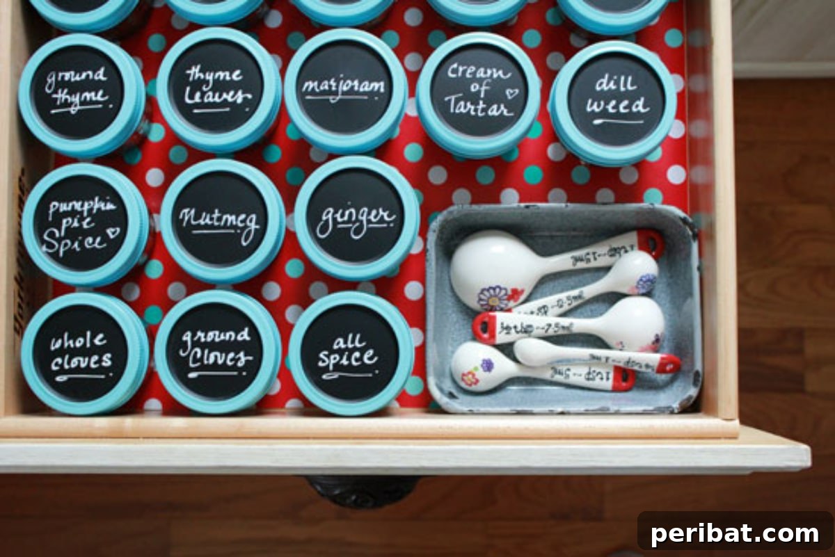 DIY Spicy Spice Storage drawer with labeled jars