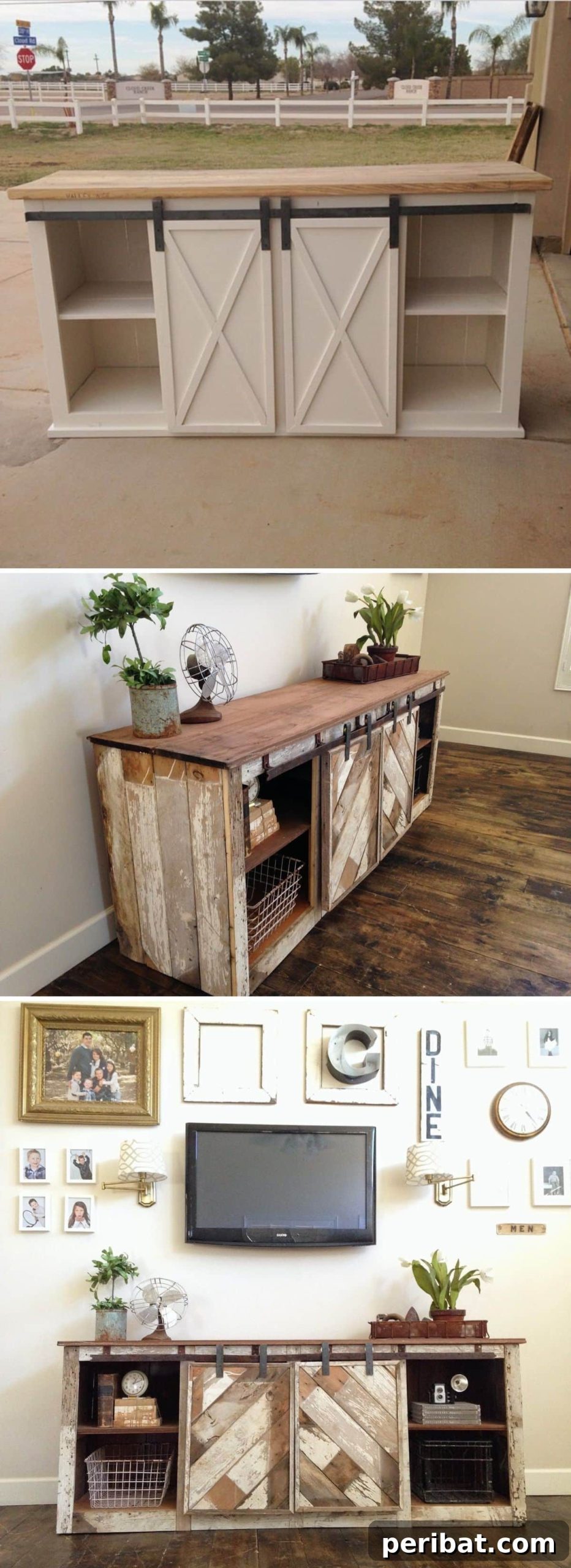 A rustic sliding door console table, built with reclaimed wood, offering stylish hidden storage for a media center.