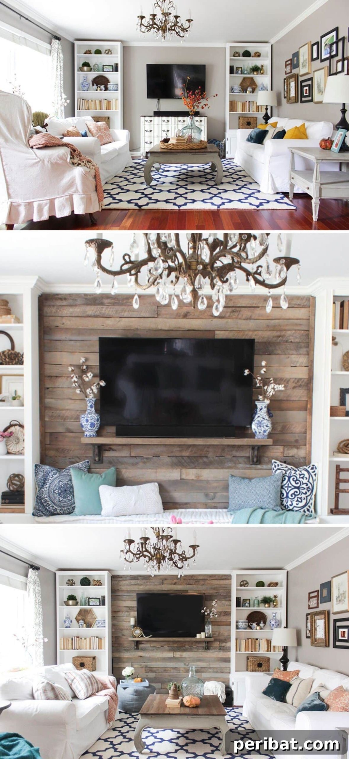 A media center featuring a rustic wood pallet accent wall, adding warmth and texture to the space.