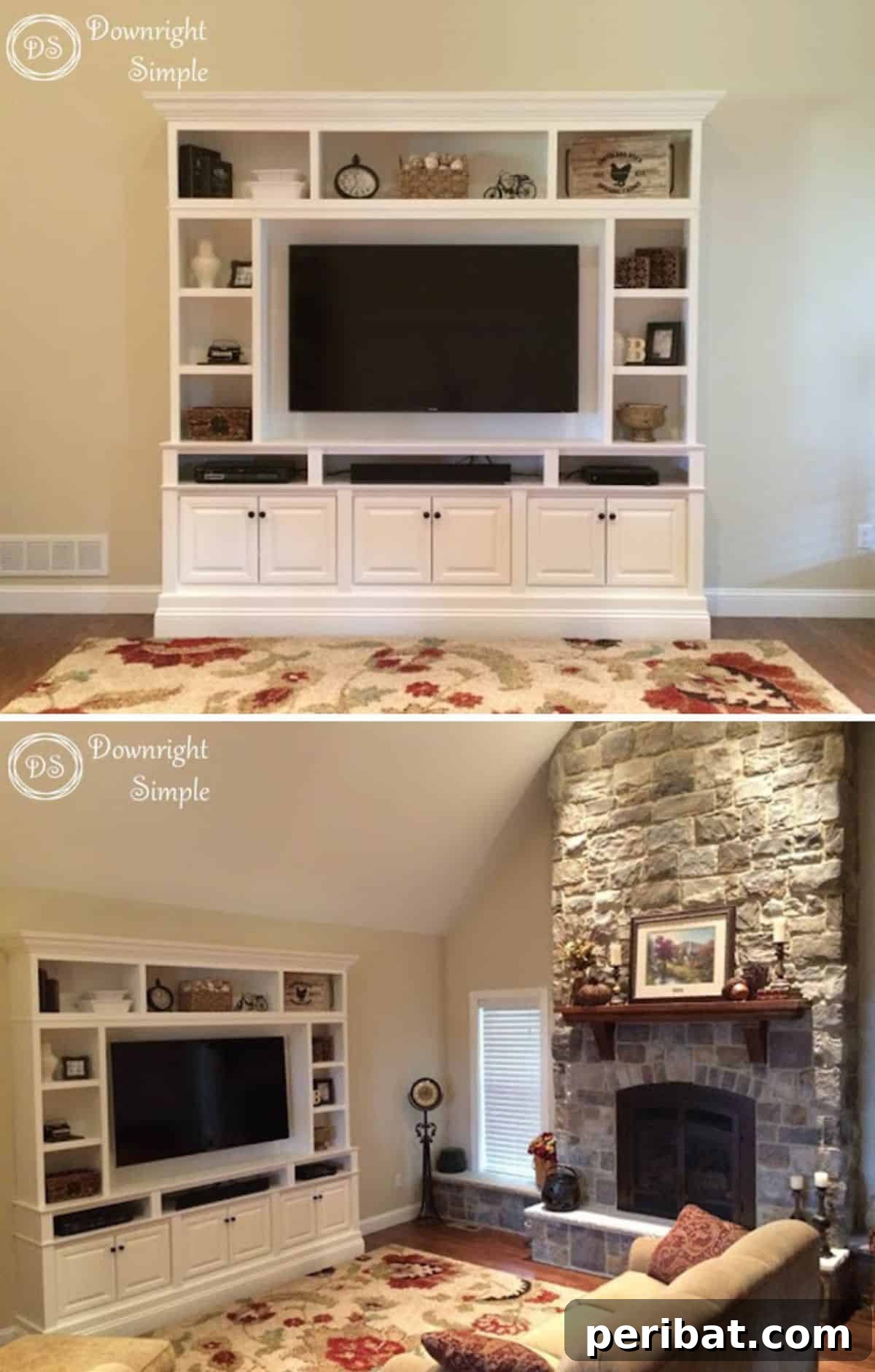 A modern built-in TV wall unit with integrated shelving and cabinet space for media and decor.