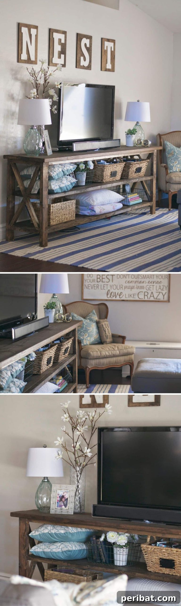 A customized rustic console table with a dark walnut finish, perfect for a farmhouse or vintage-inspired media center.