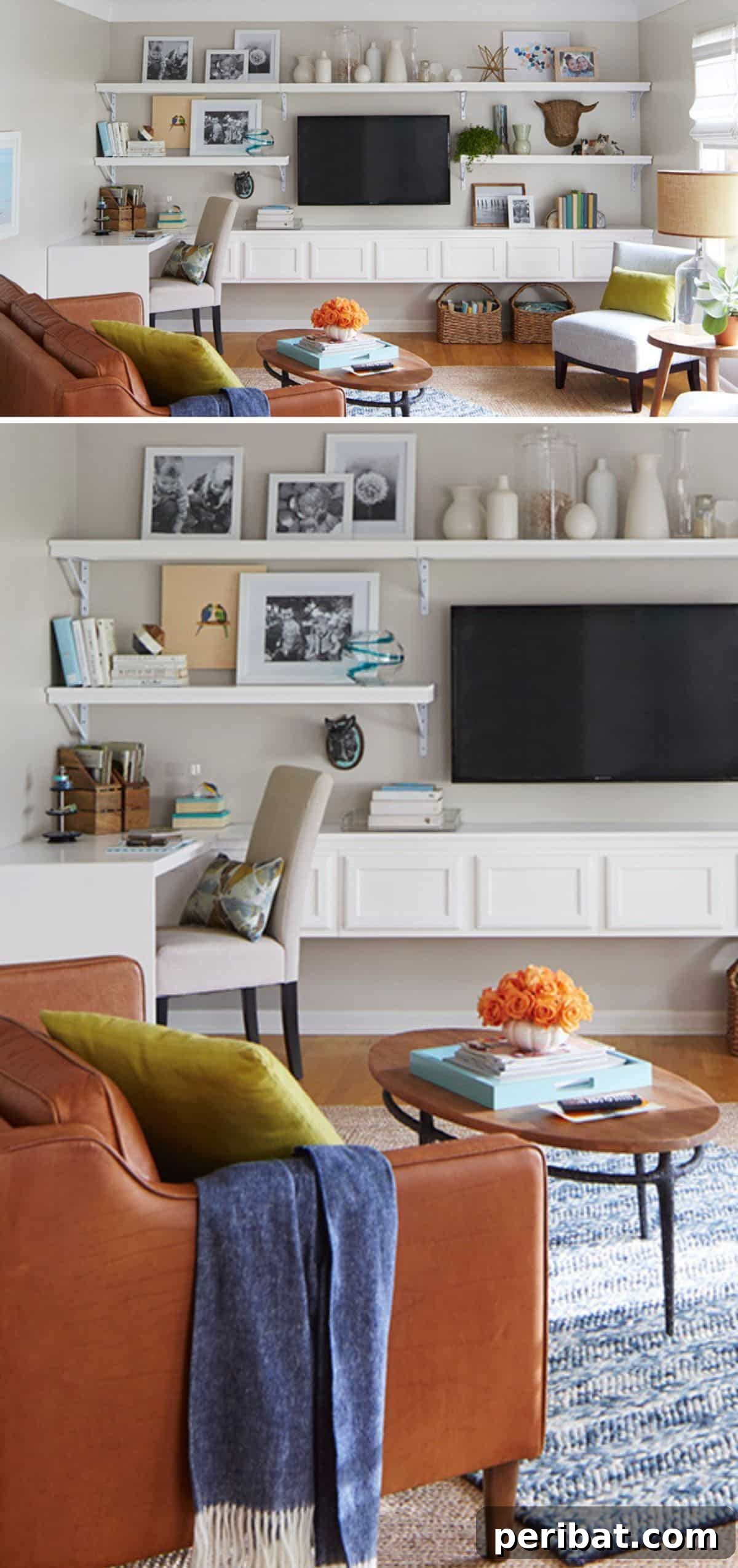 A contemporary media center with a wall-mounted TV surrounded by sleek, minimalist shelving for an open and airy feel.