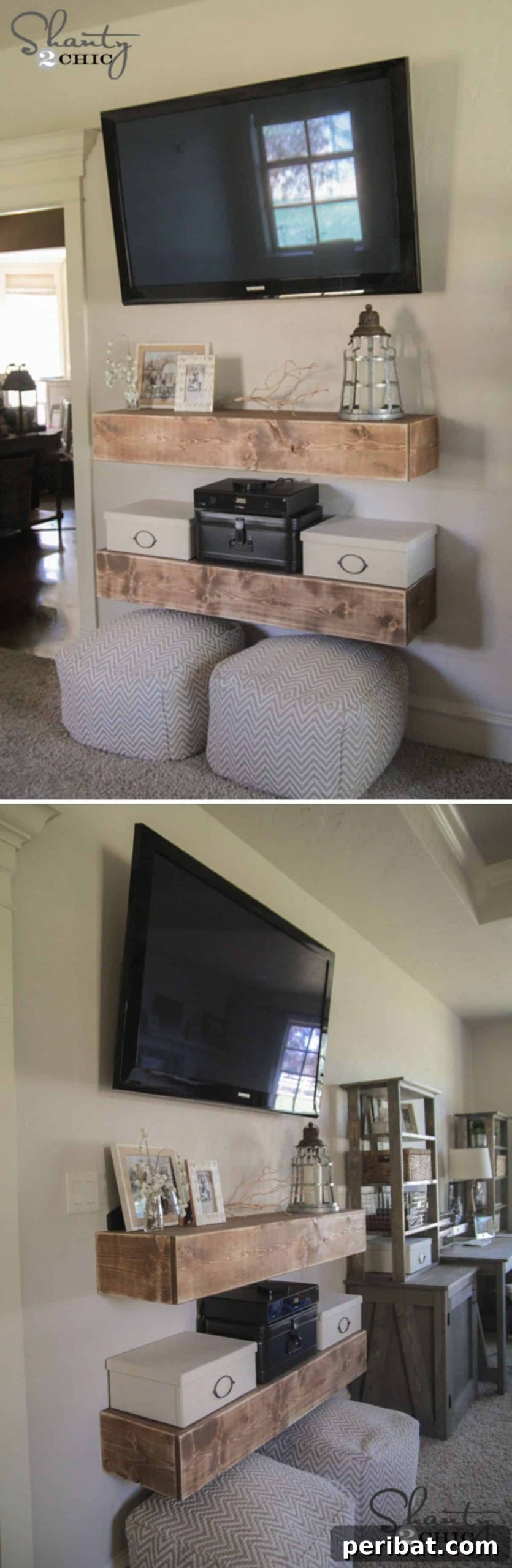 A small media center featuring simple rustic shelves, ideal for maximizing space in a compact area with a cozy, homespun look.