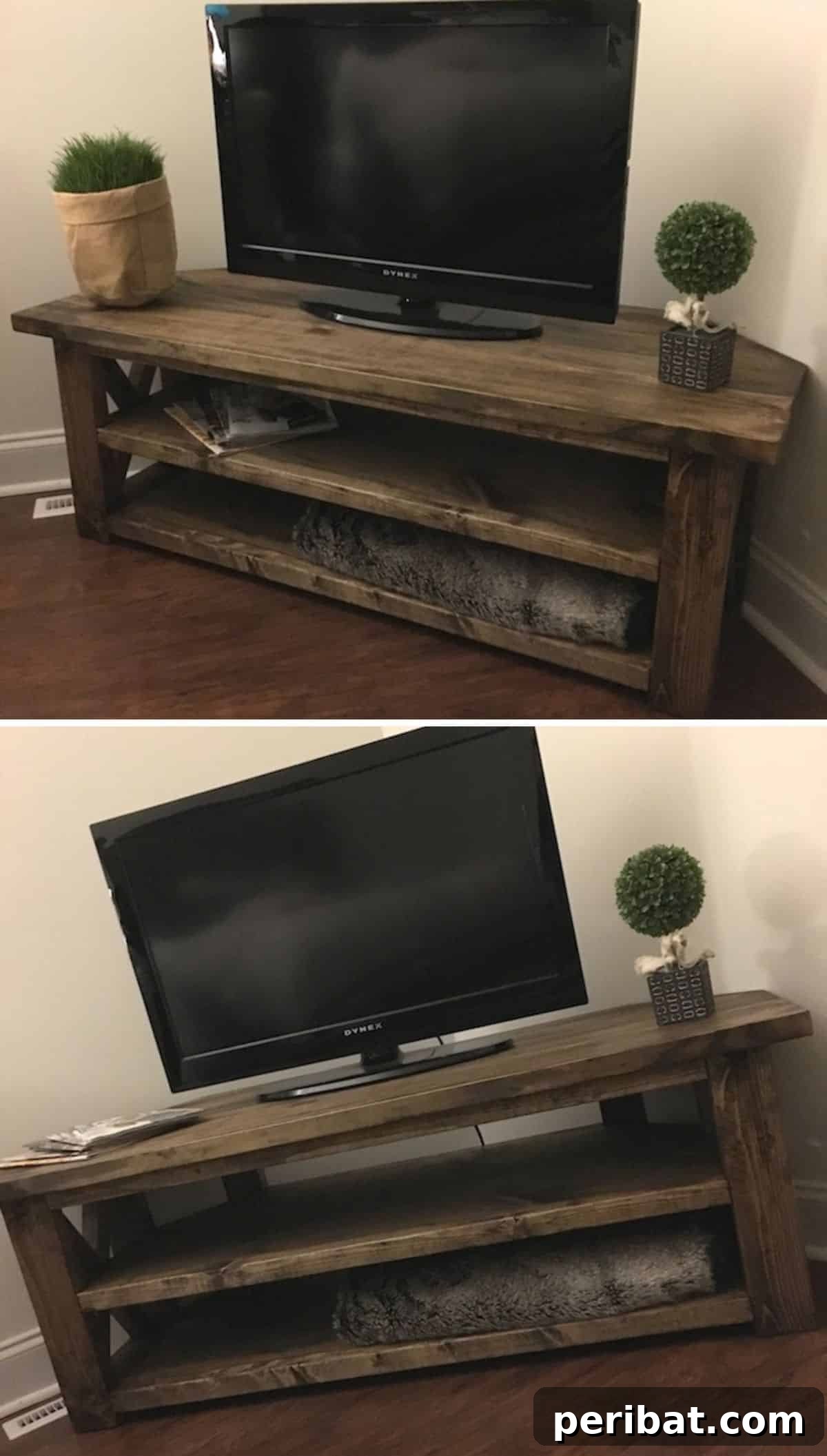 A custom-built corner console table maximizing space efficiency in a living room, perfect for corner media setups.