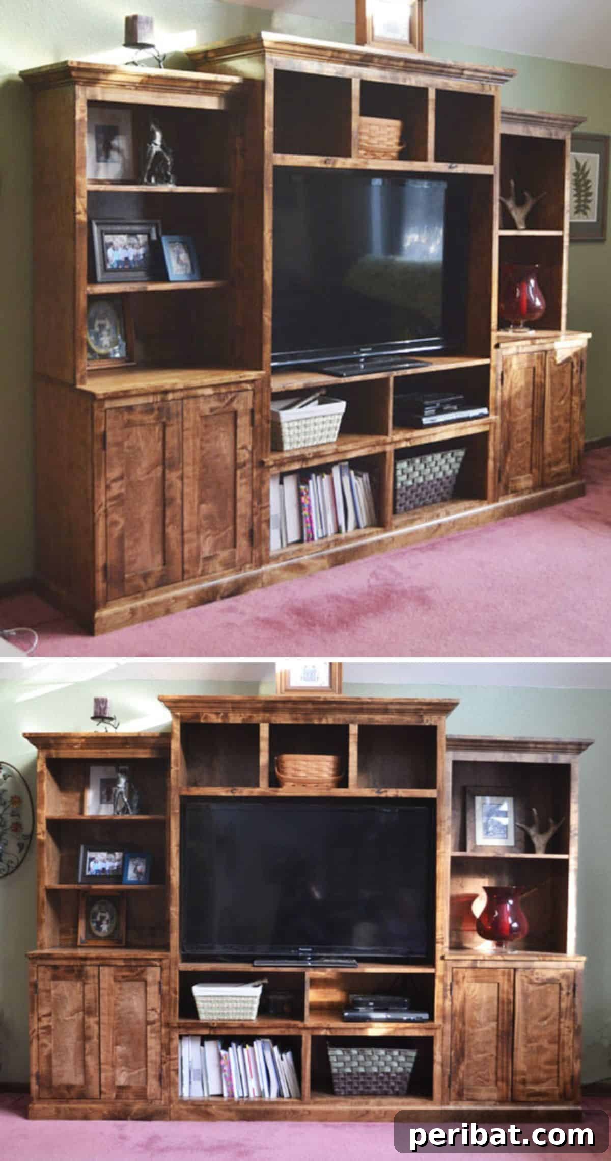 A stunning, comprehensive wood media center with extensive shelving, cabinets, and space for a large flat-screen TV.