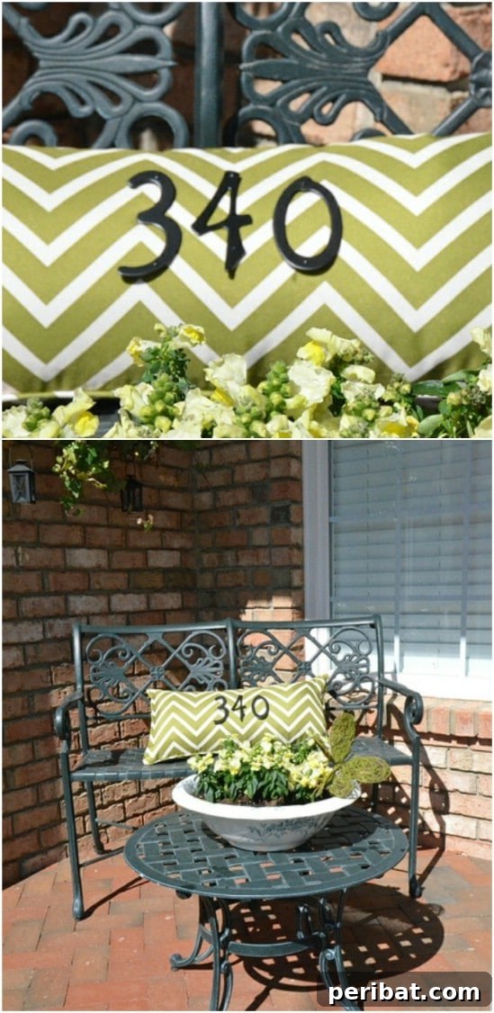 Address Art: Inventive Ways to Display House Numbers 15 House Number Pillow on Porch Bench