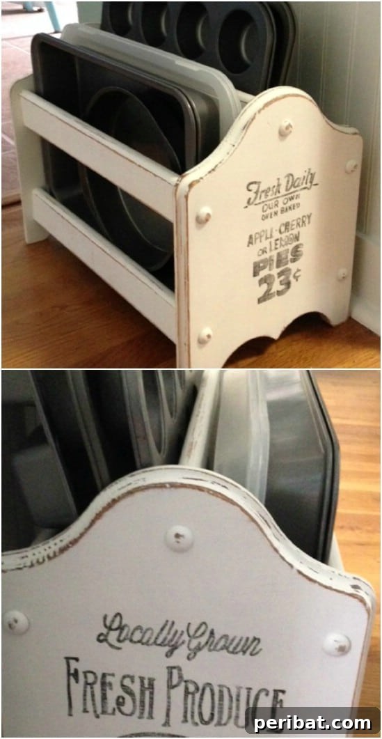 Simplify Your Space: 25 Must-Try Organization Tips 22 Old magazine rack for baking pan storage