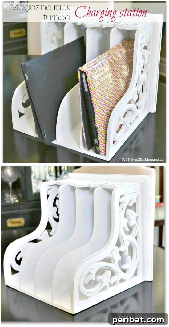 Simplify Your Space: 25 Must-Try Organization Tips 24 Magazine rack repurposed as charging station